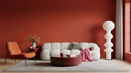 Interior of modern living room with red walls, carpet and sofa 3d render
