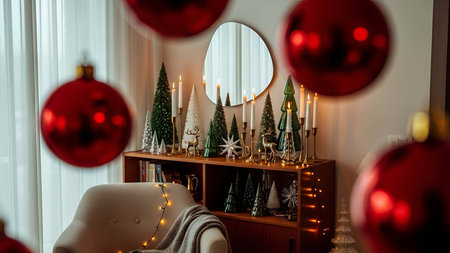 Christmas tree and garland in living room with mirror. Christmas and New Year concept