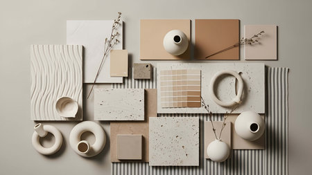 Flat lay, top view of a set of decorative elements for interior design.