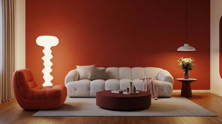 Living room with red wall, sofa, coffee table and lamp - rendering