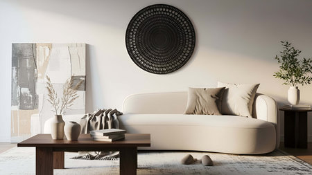 Modern living room with white sofa and coffee table. 3d rendering