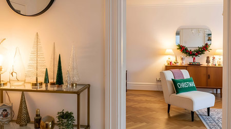 Interior of a living room with christmas tree.