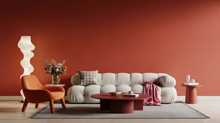 Interior of modern living room with orange wall, sofa and coffee table
