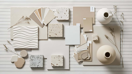 Flat lay, top view of a set of stationery items on a wooden background.の写真素材