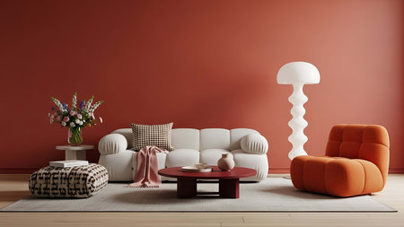 Living room with orange walls, sofa and armchairs, 3d render