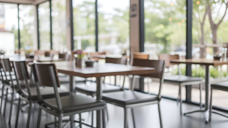 Restaurant interior showing empty restaurant interior with wooden tables and metal chairs near windows. resolution use. Clear details and vibrant colors enhance visual appeal. restaurant interior, empty dining area, wooden tables.