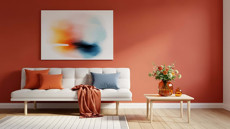 a modern living room with a white couch, orange and blue pillows, a coffee table with a vase of flowers, and a large abstract painting on the wall