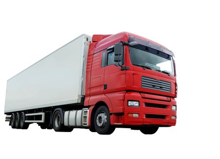 lower camera view of red lorry with white trailer on the highway isolatedの写真素材