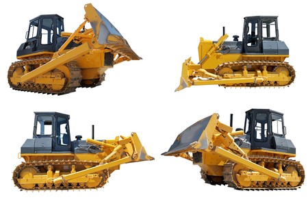 set of bulldozers loaders with raised blade isolated on white