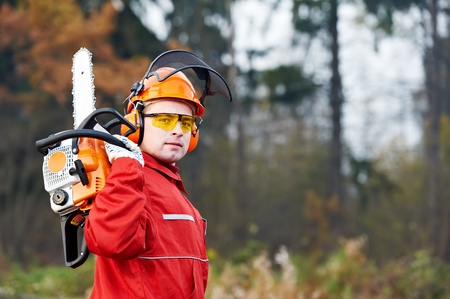 Lumberjack Worker With Chainsaw In The Forestの写真素材