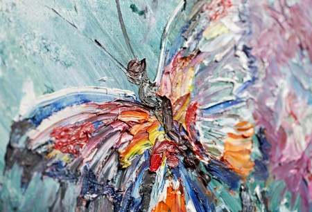 closeup fragment of oil painting butterflyの写真素材