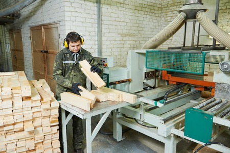 Workers of woodworking manufacture operating on machine