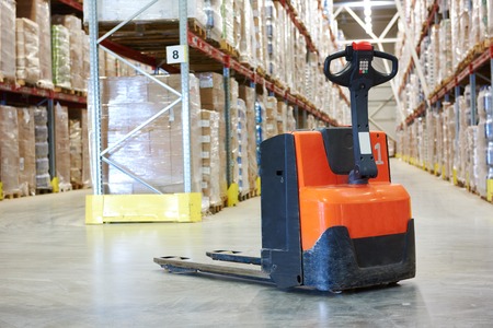 Manual forklift pallet stacker truck equipment at warehouseの写真素材