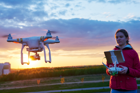 drone flying at sunsetの写真素材