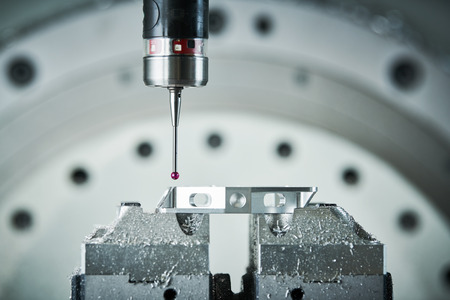 Quality control on milling CNC machine. Precision probe sensor at industrial metalworkingの写真素材