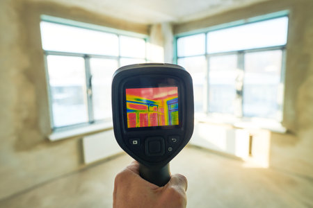 thermal imaging camera inspection of window building. check heat lossの写真素材