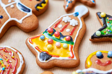 Christmas baked traditional gingerbread cookies. Decorated bellの写真素材