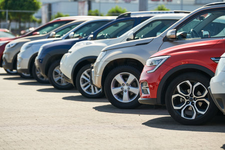 row of used cars. Rental or automobile sale servicesの写真素材