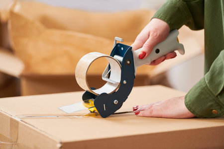 packing a parcel. sealing carton box with tape for shippingの写真素材