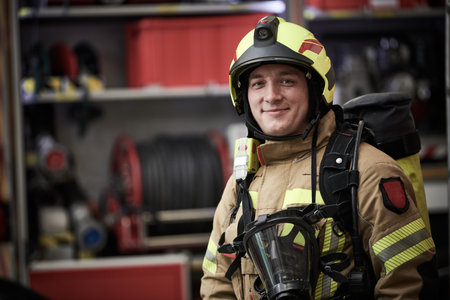 firefighter on duty. Portrait of fireman at workの写真素材