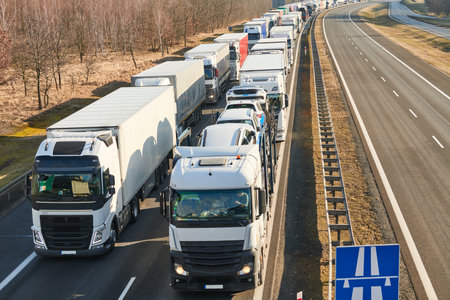 Lorry truck stack in long traffic jam on laneの写真素材