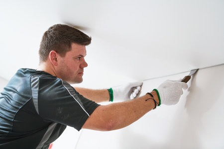 Contractor worker streching a stretch ceiling. Renovation and construction servicesの写真素材