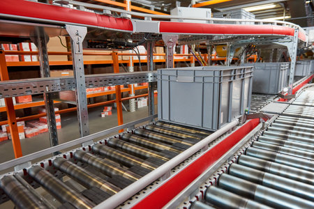 Automated warehouse. Boxes with spare parts moving on conveyer. smart logisticsの写真素材