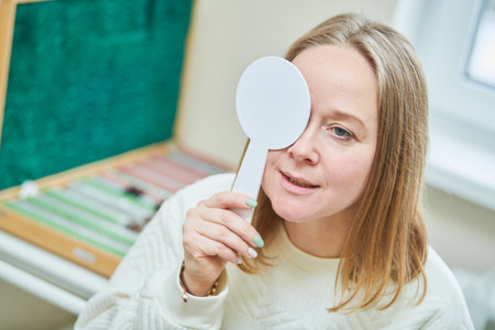 ophthalmology. eyesight check of adult female womanの写真素材