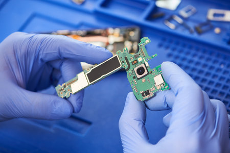 mobile phone repair. Repairman hands with microcircuit of smartphoneの写真素材