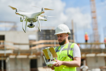 Drone operated by safety engineering inspector. Construction worker piloting drone on building site