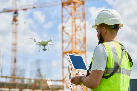 Drone operated by safety engineering inspector. Construction worker piloting drone on building siteの写真素材