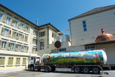 Appenzell, Switzerland - 8 August, 2015. Entrance of Appenzeller Brewery with branded beer truck.のeditorial素材