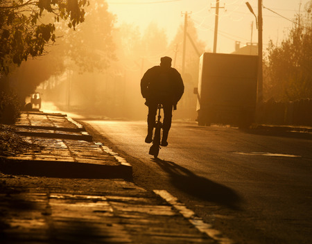 Man a bicycle on farm road in the early morningの写真素材