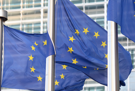 European flags in front of the Berlaymont building, headquarters of the European commission