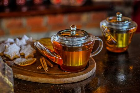 Tea cup with tea in a cafeの写真素材