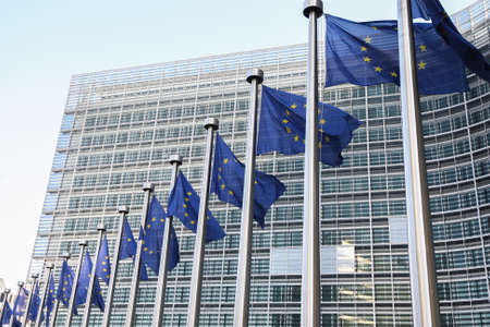 European Union flags waving in the wind in front of European Commission. Brussels, Belgium - 02 Mar...