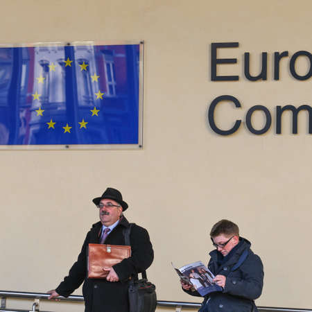 People communicate near the European Commission building. Brussels, Belgium - 02 Mar 2011