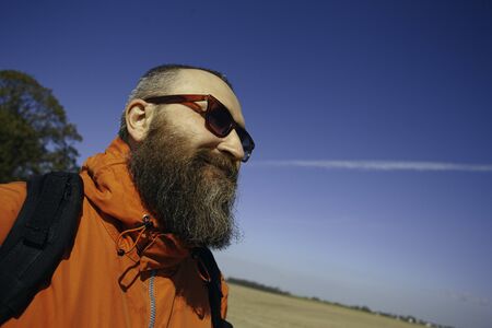 Bearded guy on camping tripの写真素材