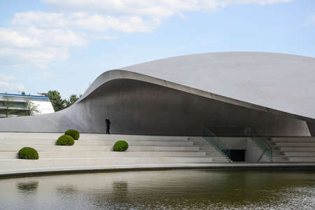 The Volkswagen/VW car construction Factory with the pipes of the Volkswagen plant in the Autostadt in Wolfsburg. WOLFSBURG, GERMANY. May 19, 2016のeditorial素材