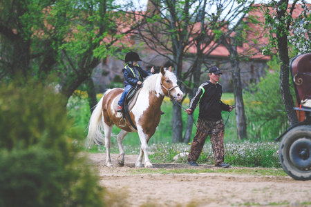 SULA, BELARUS - MAY 23, 2020: A child riding a horse in an entertainment place. reportage photoのeditorial素材