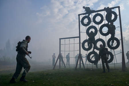 Belarus, Minsk. APRIL 22, 2014 - Special unit soldiers are being tested for the right to wear a maroon beret.のeditorial素材