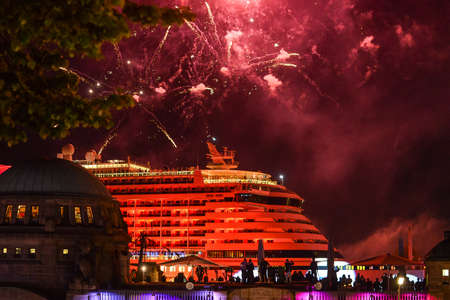 Hamburg. Germany. - May 07, 2016: Hamburg. Germany. City holiday. City festivities. Tourists and types of attractions.Fireworks fireworks at the port on a cruise shipのeditorial素材