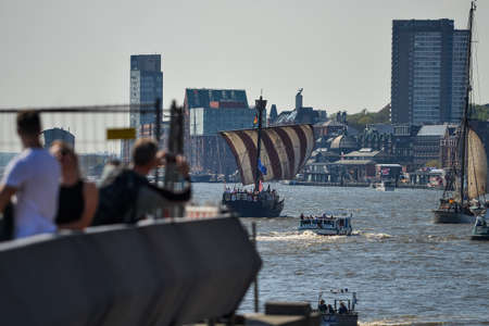Hamburg. Germany. - May 06, 2016: Beautiful view of the famous harbor and traditional steamer on the Elbe river, St. Pauli district, Hamburg, Germanyのeditorial素材