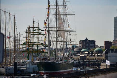 Hamburg. Germany. - May 06, 2016: Beautiful view of the famous harbor and traditional steamer on the Elbe river, St. Pauli district, Hamburg, Germanyのeditorial素材