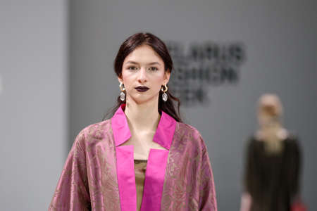 Minsk. Belarus. 03 April 2021: Anniversary 20th season Online - BELARUS FASHION WEEK. Presentation...