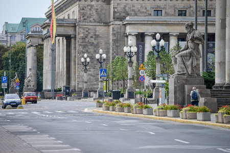 WARSAW. POLAND - AUGUST 2015: Architecture of Warsaw along city roads. Buildings along the roads. Old buildings. The crosswalk. High quality photoのeditorial素材