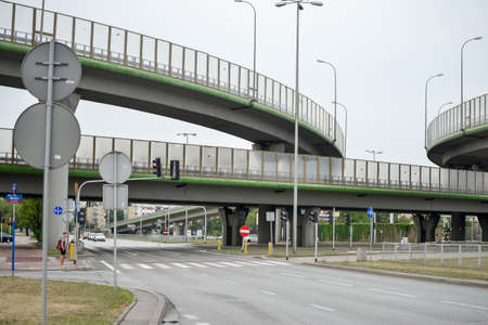 WARSAW. POLAND - AUGUST 2015: Three-level road in Warsaw, the no entry sign, pedestrian crossing....
