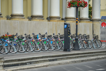 WARSAW. POLAND - AUGUST 2015: Large bicycle parking for rental bicycles in Warsaw. Popular transport in Warsaw. Summer transport in Warsaw.のeditorial素材