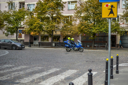 WARSAW. POLAND - August 2015: Pedestrian crossing in the center of Warsaw. The sign Caution, children.のeditorial素材
