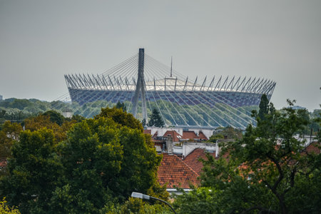 WARSAW. POLAND - August 2015: PGE Narodowy or National Stadium is the football stadium located in Warsaw, Poland. National Stadium, Warsaw. Panorama of the sports stadium.のeditorial素材